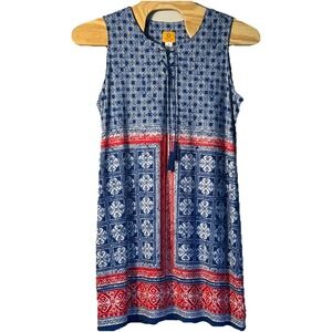 Ruby Rd. Shift Dress Womens 1X Blue Patterned Round Neck Sleeveless Tie‎ Front